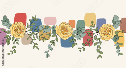 A vibrant floral arrangement featuring yellow roses and colorful geometric shapes in a modern, flat style