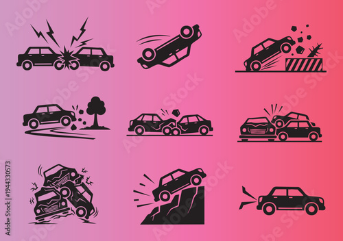 Collectionofcaraccidentillustrationsshowingvariouscrashscenarios