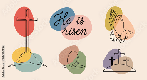 A collection of Easter-themed illustrations featuring a cross, praying hands, and stylized text in a modern, minimalist style