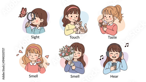 Educational diagram illustrating the five human senses through characters experiencing sight, touch, taste, smell, and hearing activities.