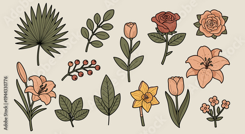 A collection of hand-drawn floral elements featuring various flowers and leaves in a modern, minimalist style