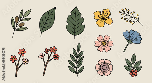 A vibrant collection of illustrated flowers and leaves in a modern flat style, perfect for nature-themed designs