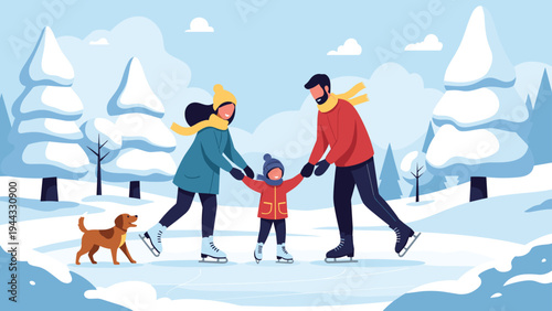 Happy young family ice skating on a frozen lake in a beautiful snowy winter landscape with pine trees and their pet dog by their side.