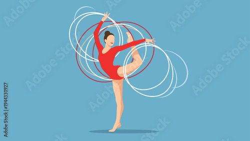 Rhythmic gymnast in a red leotard performing a graceful pose with multiple white and red hoops on a solid light blue background.