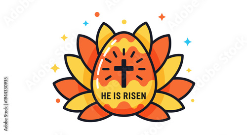 A vibrant Easter egg design featuring a cross and the text 'He is Risen', in a colorful, modern style