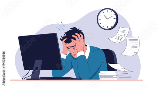 Stressed male office worker sitting at his computer and holding his head in frustration with many papers flying around him and a ticking clock.
