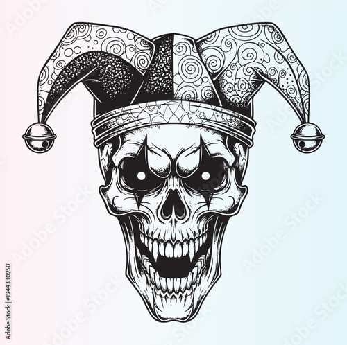 Illustrated jester skull with ornate hat and bells
