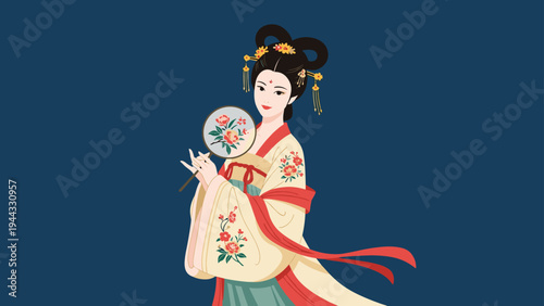 Beautiful woman dressed in traditional Chinese hanfu clothing holding a floral folding fan against a dark blue background for a cultural theme.