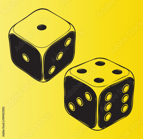 Illustration of two yellow dice with black dots isolated on background
