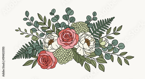 A beautiful floral arrangement featuring roses, peonies, and greenery in a modern line art style