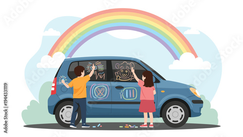 Two creative children drawing colorful shapes and a rainbow on the windows of a blue car parked outside in a green neighborhood landscape.