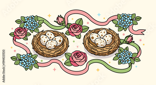 Two nests with eggs surrounded by flowers and decorative ribbons in a colorful, whimsical style