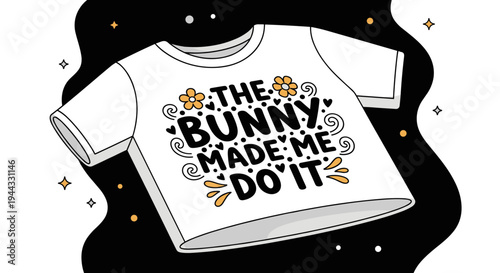 A playful t-shirt illustration featuring a whimsical bunny design in a modern, flat style, perfect for casual wear