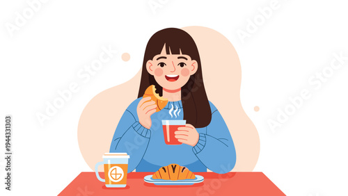 Happy young woman enjoying a delicious breakfast with a croissant and a cup of hot coffee while smiling warmly at the camera in a cafe.