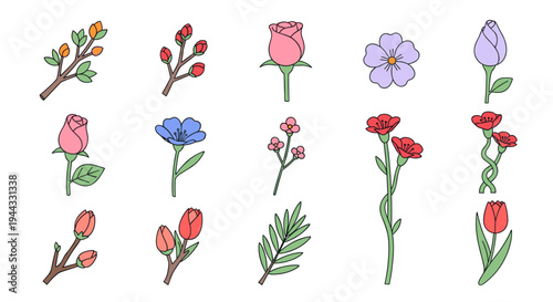 A vibrant collection of hand-drawn floral illustrations featuring various flowers and buds in a colorful, modern style