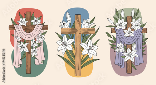 Three decorative crosses adorned with lilies and draped fabrics, featuring a modern, illustrative style, suitable for religious themes