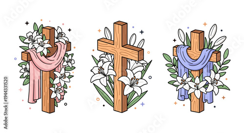 A collection of three decorative wooden crosses adorned with lilies and ribbons in a modern, colorful style