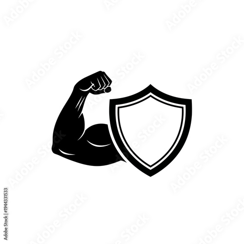 Muscular Arm Holding Shield Icon.