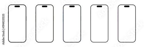 Set of five modern smartphones with blank white screens and colorful borders isolated on a transparent background