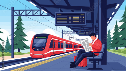 Passenger waiting on a platform and reading a newspaper while a modern red train arrives at a scenic railway station surrounded by green trees.