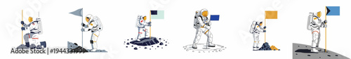 Collection of astronaut illustrations planting flags on lunar surface, symbolizing space exploration and achievement.