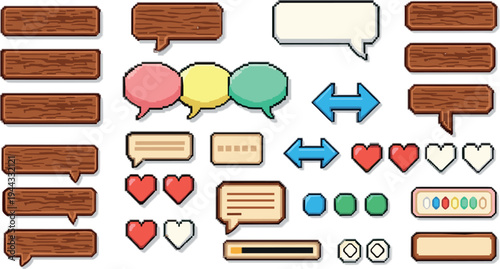 Pixel Art UI Elements Vector Set with Speech Bubbles Hearts Arrows Progress Bars and Game Interface Icons Retro Style