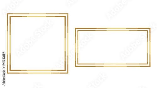Elegant set of thin golden rectangular and square frames with a metallic gradient effect isolated on a plain white background.