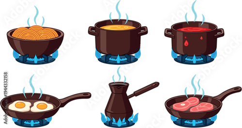 Cooking Pots and Pans on Gas Stove Vector Set with Boiling Soup Pasta Frying Eggs Meat and Coffee Pot Kitchen Illustration