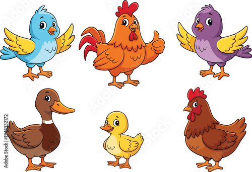 Cartoon Bird Vector Illustration Set Featuring Duck, Chicken, Rooster, and Colorful Birds for Kids, Animal, and Fun-Themed Designs