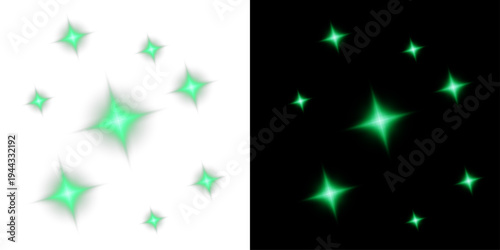 Group of emerald green glowing stars with radiant light flares and sparkles isolated on a transparent background