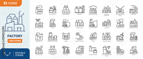 Factory icon set. Contain icons related to factory, plants, industrial, manufacturing, production, energy, and more. Editable stroke. Vector illustration