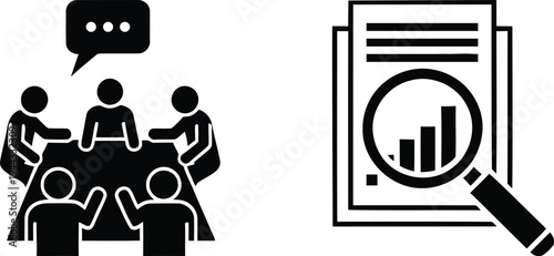 Business meeting discussion and data analysis silhouette icons on a white background