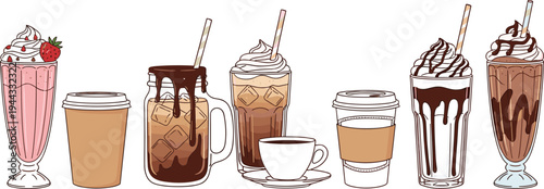 Coffee Drinks Collection with Latte Cappuccino Iced Coffee Milkshake and Chocolate Topped Beverages Cafe Menu Vector Illustration