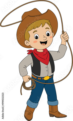 Adorable cartoon cowboy kid holding lasso rope wearing hat boots and red bandana cheerful western mascot character illustration for children rodeo ranch wild west theme