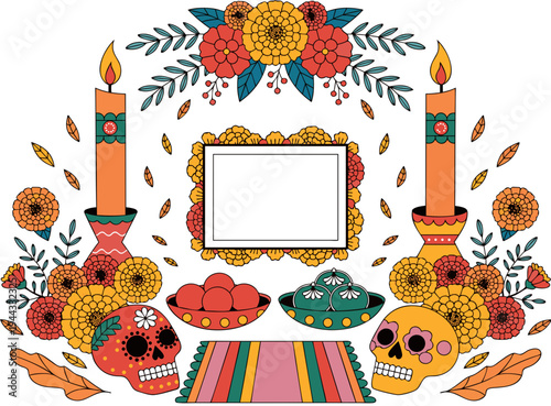 Day of the Dead altar vector illustration, Día de los Muertos poster set, day dead with skull on white background. Halloween costume. Cartoon vector illustration. Holiday Muertos