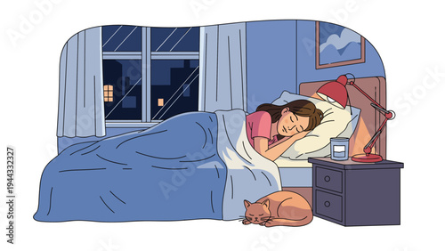 Young girl sleeping soundly in her bed at night while a ginger cat rests comfortably on the floor next to her nightstand.