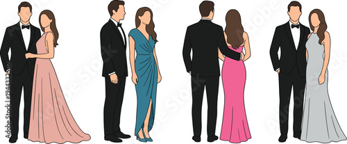 Elegant couples in formal evening attire illustration showing men in tuxedos and women in long gowns at gala event
