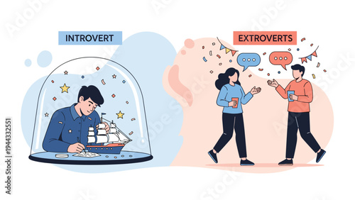 Conceptual illustration comparing an introvert working alone under a dome to extroverts socialising happily at a lively party.