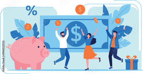 Savings and Financial Success Concept Vector Illustration with Piggy Bank Dollar Money Gift Bonus Percentage and Happy People Celebration