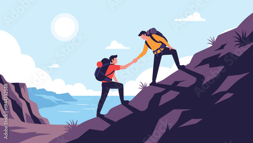 Two hikers working together to climb a steep rocky mountain ridge with a beautiful blue sky and sea in the distant background.