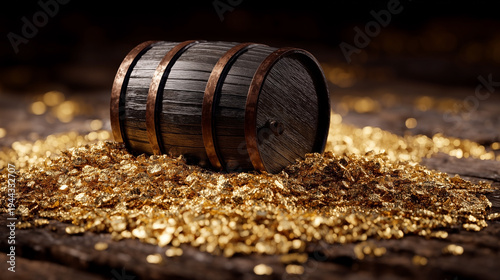 Golden grains surround a rustic wooden barrel