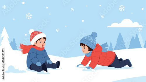 Two young children dressed in warm winter clothes and hats playing happily in the snow on a beautiful cold winter day.