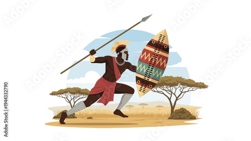 Brave Zulu warrior in traditional attire charging forward with a long spear and a decorated shield in an African savanna landscape.