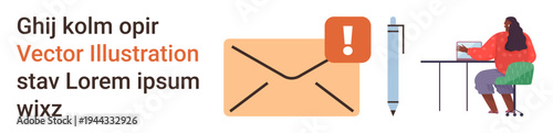Email notification, workplace communication, alert systems, digital correspondence, office work, messaging. Envelope icon with alert mark and a person at a desk. Email notification and workplace