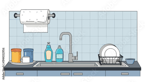 Neat kitchen sink area featuring a metal faucet, dish drying rack with plates, soap dispensers, and a roll of paper towels.