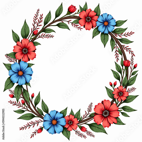 colorful floral wreath decorative round flower frame isolated on white background designed for vector graphics, user interface elements, presentation visuals an