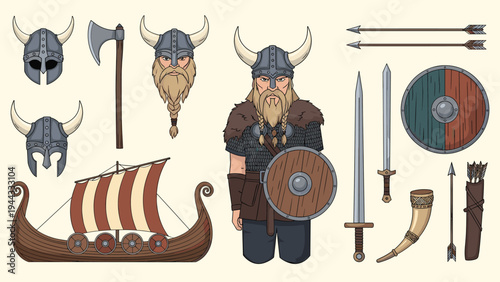 Collection of Viking related items including a warrior with a shield, helmets, weapons, and a traditional longship.