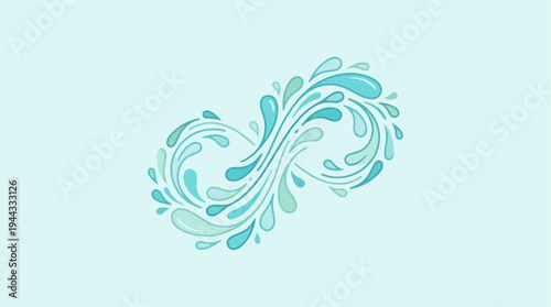 Abstract infinity symbol design with water droplets and light blue background.