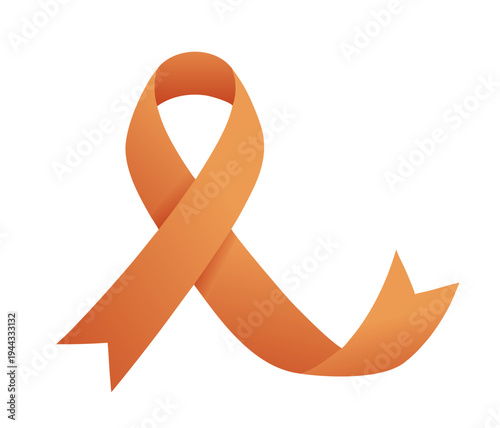 Orange awareness ribbon with extended curved tail for awareness campaigns and events, vector isolated on transparent background
