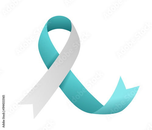 Teal and white cervical cancer awareness ribbon with extended curved tail, vector isolated on transparent background